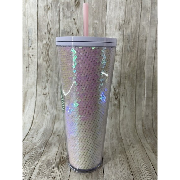 NEW!! Starbucks Cup Holiday 2020 Pink White Sequin Plastic Cold Tumbler 24oz - Picture 3 of 9